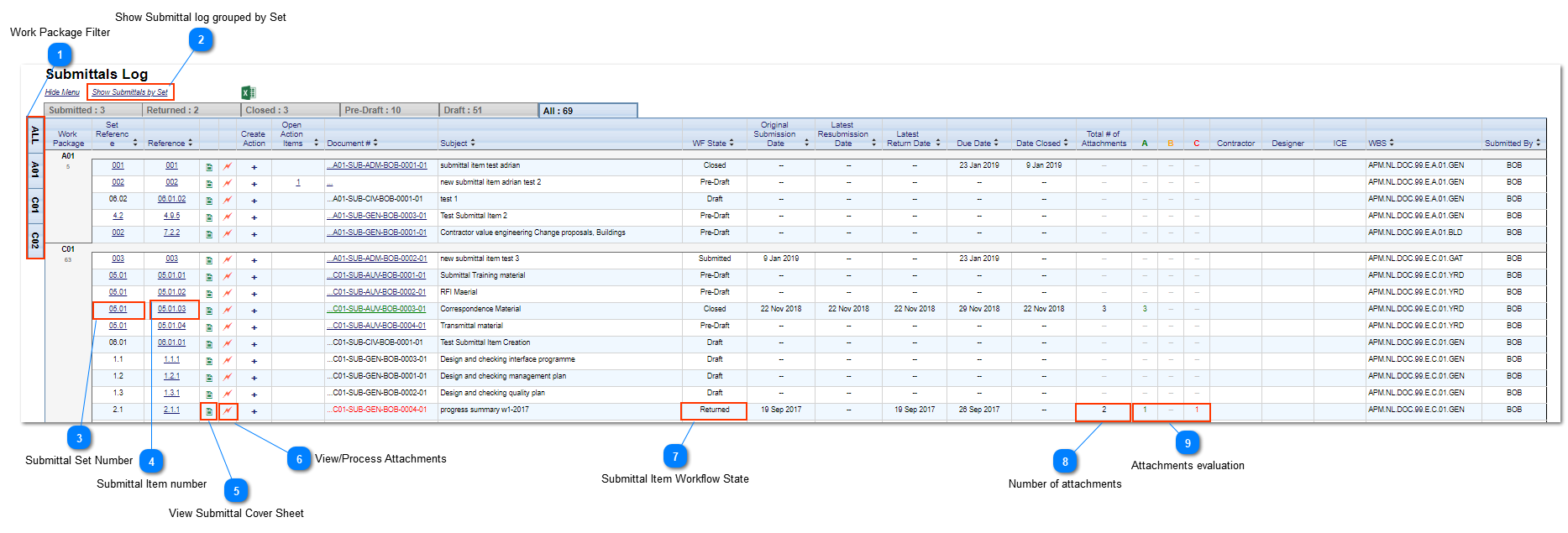 Viewing the Submittals Log